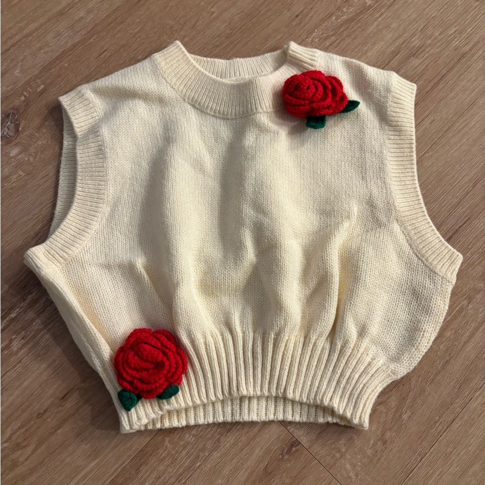 For love and lemons Cream Knit Sweater Vest with Red Floral Accents